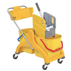 Carucior de Curatenie Galben cu Presa + Storcator + 2 galeti 25L + Cos pentru detergenti