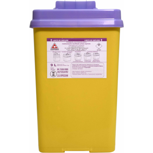 Cutie medicamente polipropilena 9l posibil taietoare/intepatoare capac Mov