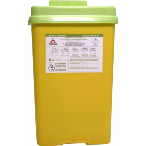 Cutie medicamente polipropilena 9l posibil taietoare/intepatoare capac Verde